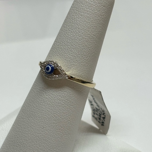 Genuine 14K Yellow Gold Diamond Evil Eye Ring - Picture 2 of 3